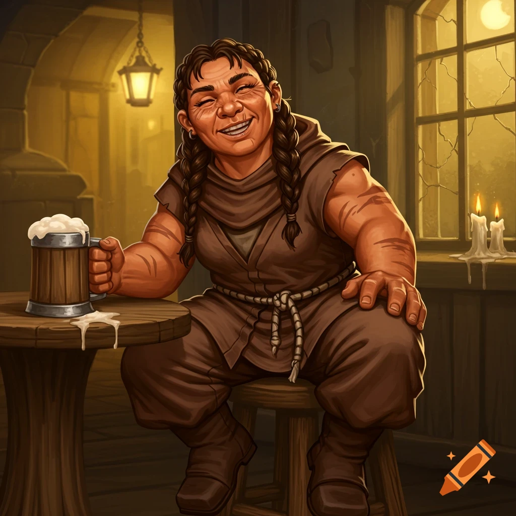 A happy, muscular female dwarf with braided hair sits at a wooden table holding a beer mug in a dimly lit tavern.