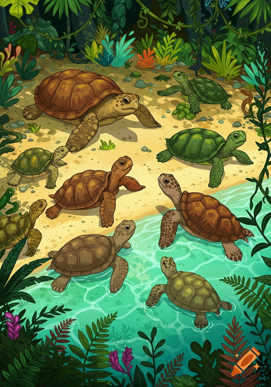 Stylized illustration of numerous green and brown turtles and sea turtles on a sandy shore and in turquoise water, surrounded by lush jungle foliage.