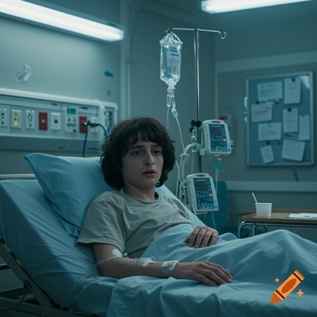 Mike from Stranger Things lies in a hospital bed with an IV drip in a hospital room, looking distressed.