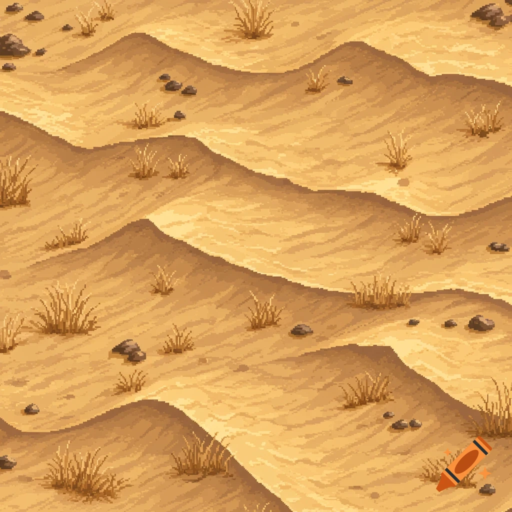 Pixel art seamless pattern of desert sand dunes with dry grass and scattered rocks.