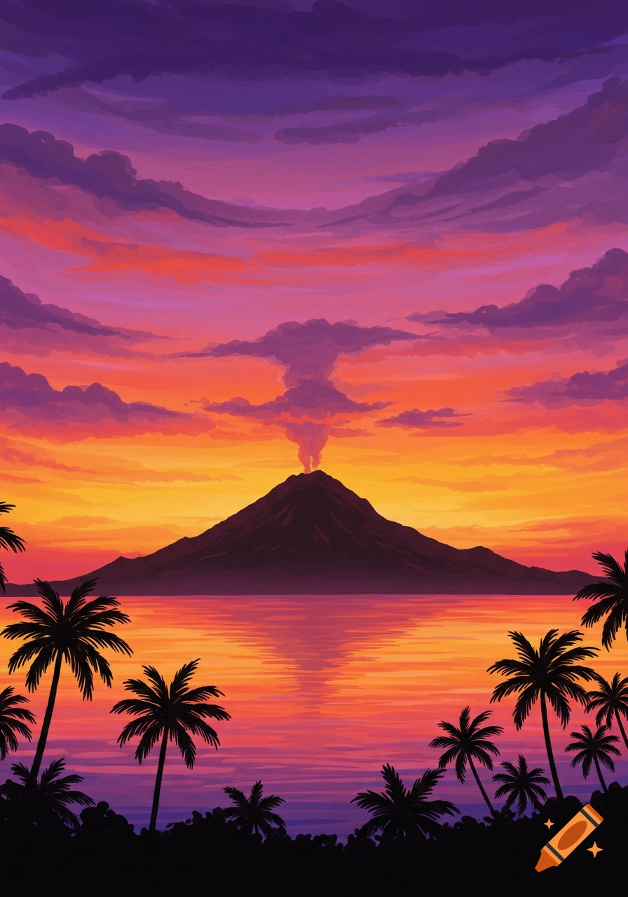 Vibrant sunset over a tropical ocean with a smoking volcano island and silhouetted palm trees.