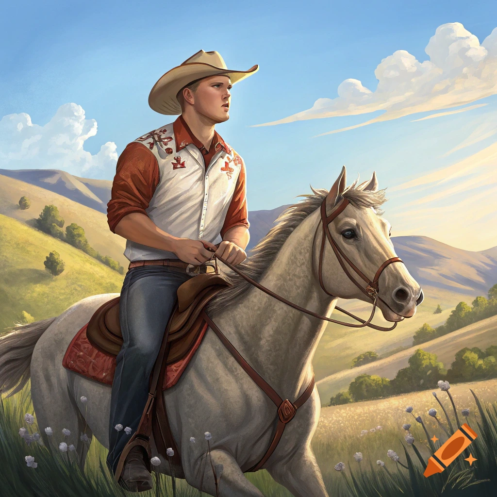 A man in a cowboy hat and western shirt rides a light-colored horse through a grassy, hilly landscape under a blue sky.