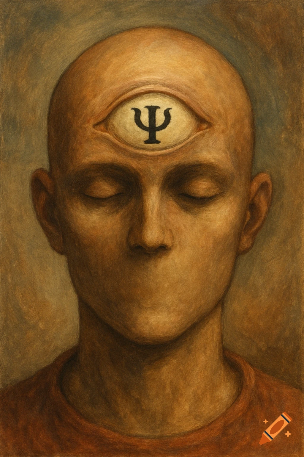 A surreal painting of a bald person's head with closed eyes, no mouth, and a third eye on the forehead containing a black Greek letter Psi symbol.