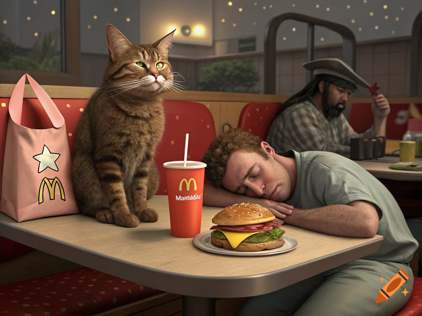 A photorealistic image of a tabby cat sitting on a table next to a sleeping man, a hamburger, and a soda cup in a fast-food restaurant.