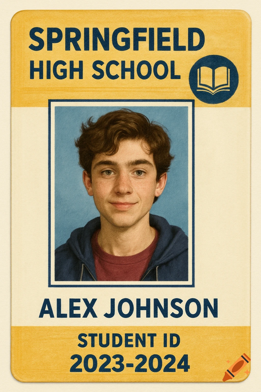 A yellow and cream high school student ID card with a portrait of a young male student named Alex Johnson. Text reads 'Springfield High School Student ID 2023-2024'.