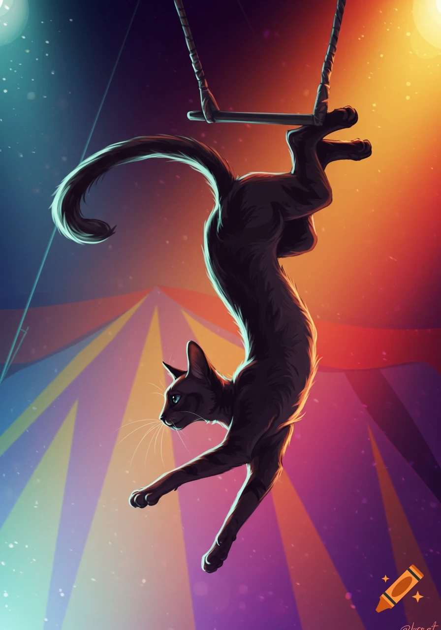A stylized black cat hangs upside down from a trapeze bar in a colorful circus tent with spotlights.
