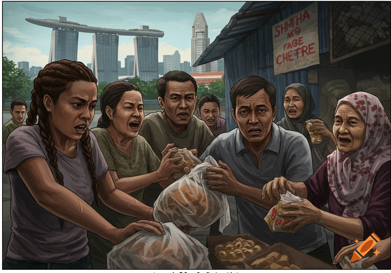 Illustrated scene of desperate people, mostly Asian, struggling over food in front of a market stall, with Singapore's Marina Bay Sands in the background.