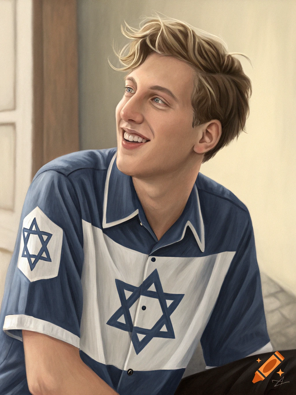 A realistic portrait of a smiling young man in a blue and white shirt with Stars of David.