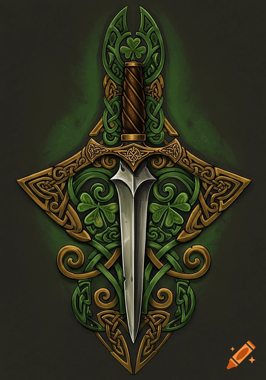 A detailed illustration of a dagger with an ornate hilt, set against a background of green and gold Celtic knotwork and shamrocks.
