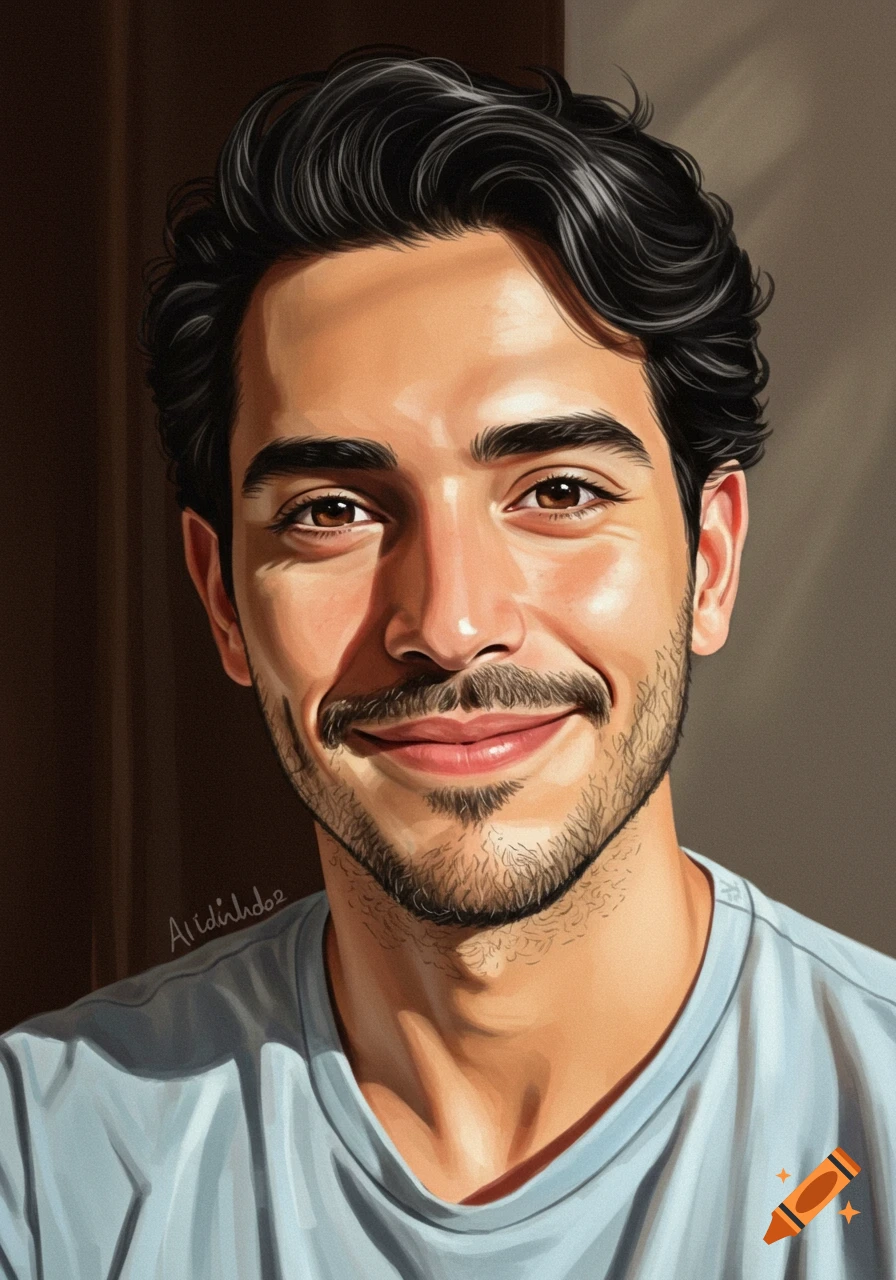 A close-up digital painting of a smiling man with dark hair and a beard, illuminated by warm sunlight.
