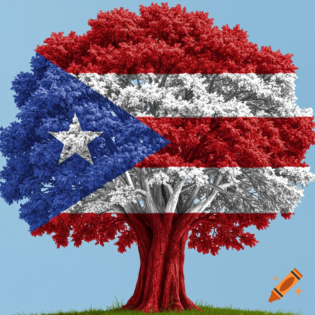 A ceiba tree with its foliage shaped and colored like the Puerto Rican flag, set against a blue sky.