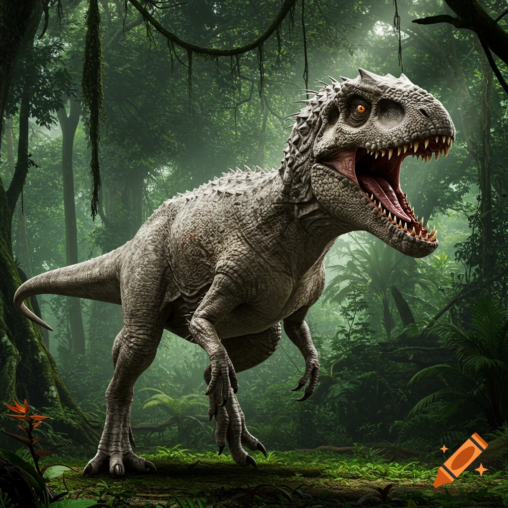 A hyperrealistic Indominus Rex dinosaur with orange eyes and an open mouth stands in a dense, misty green jungle.
