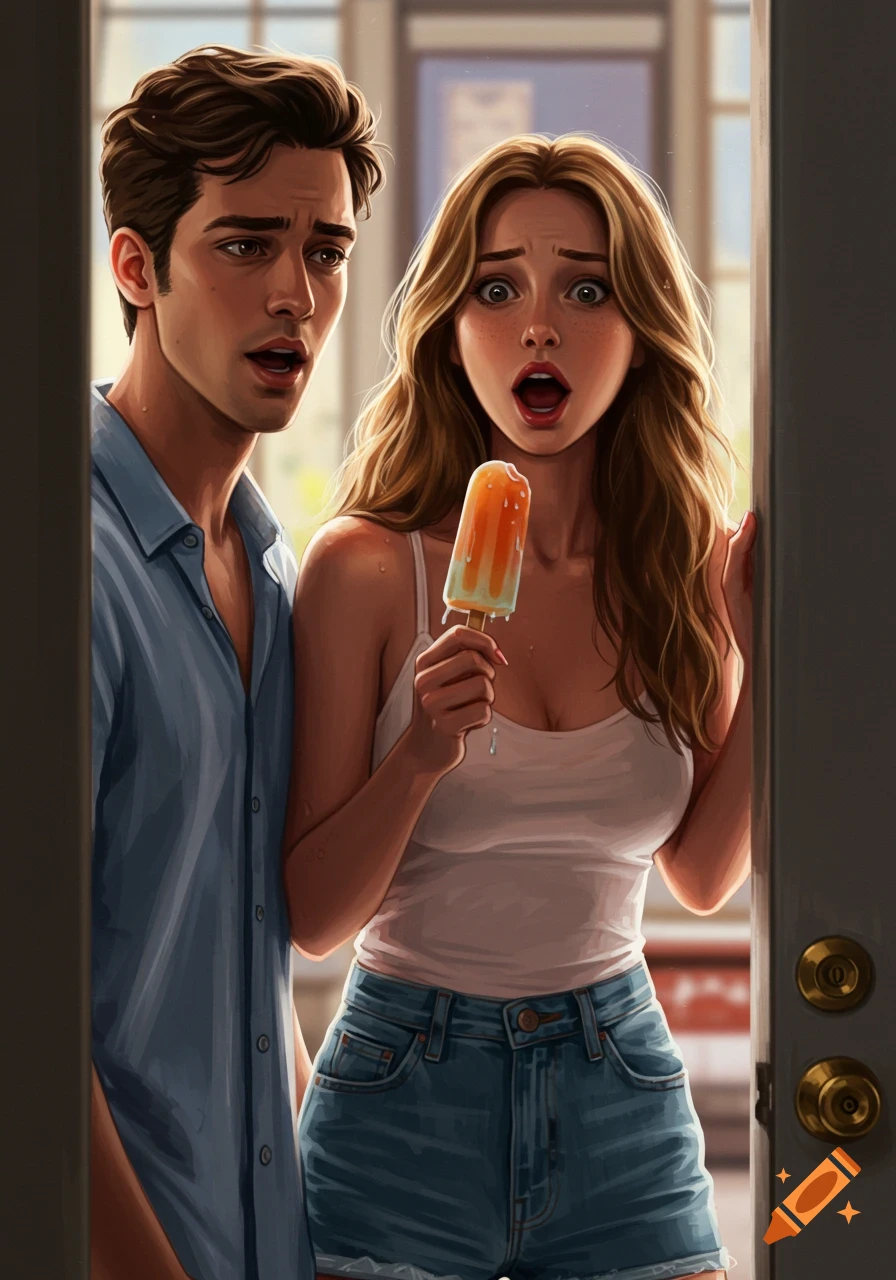 A man and woman with surprised expressions stand at a doorway, the woman holding a melting popsicle in a digital illustration.