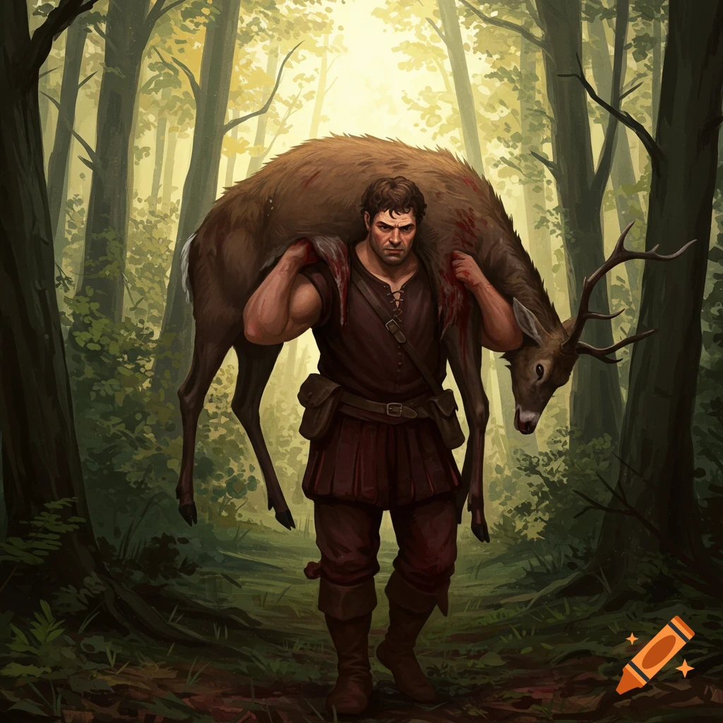 A man in renaissance-style clothing carries a dead stag with antlers over his shoulders through a sunlit forest.