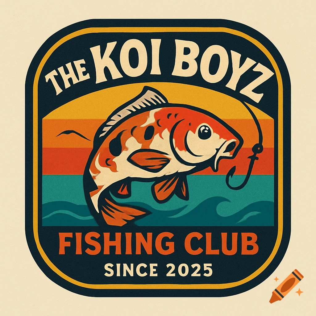 A 70s retro-style logo for 'The Koi Boyz Fishing Club, Since 2025' featuring a koi fish and a fishing hook against a striped background.