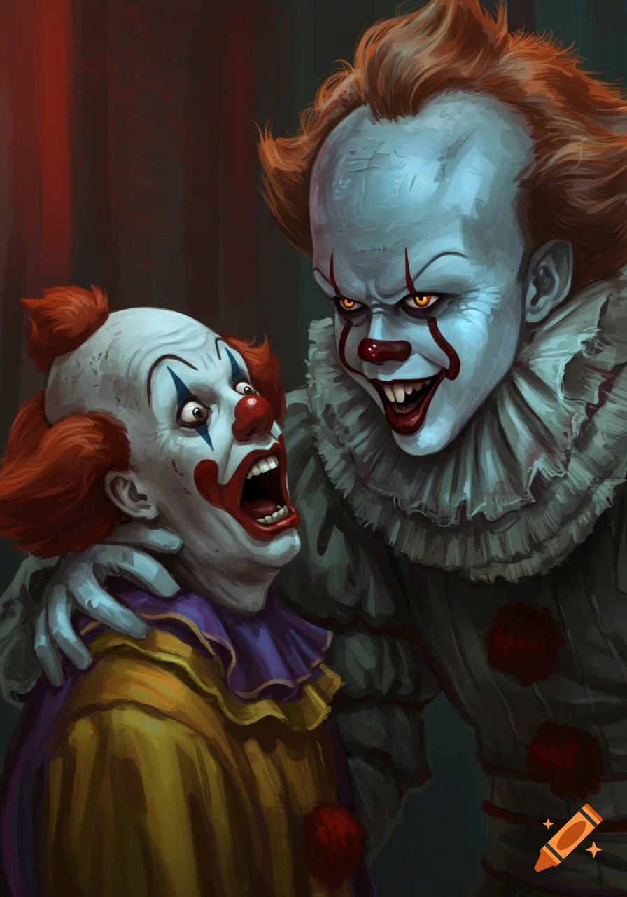 Pennywise, a scary clown with orange hair and glowing eyes, menacingly embraces another clown who screams in terror, depicted in a digital art style.