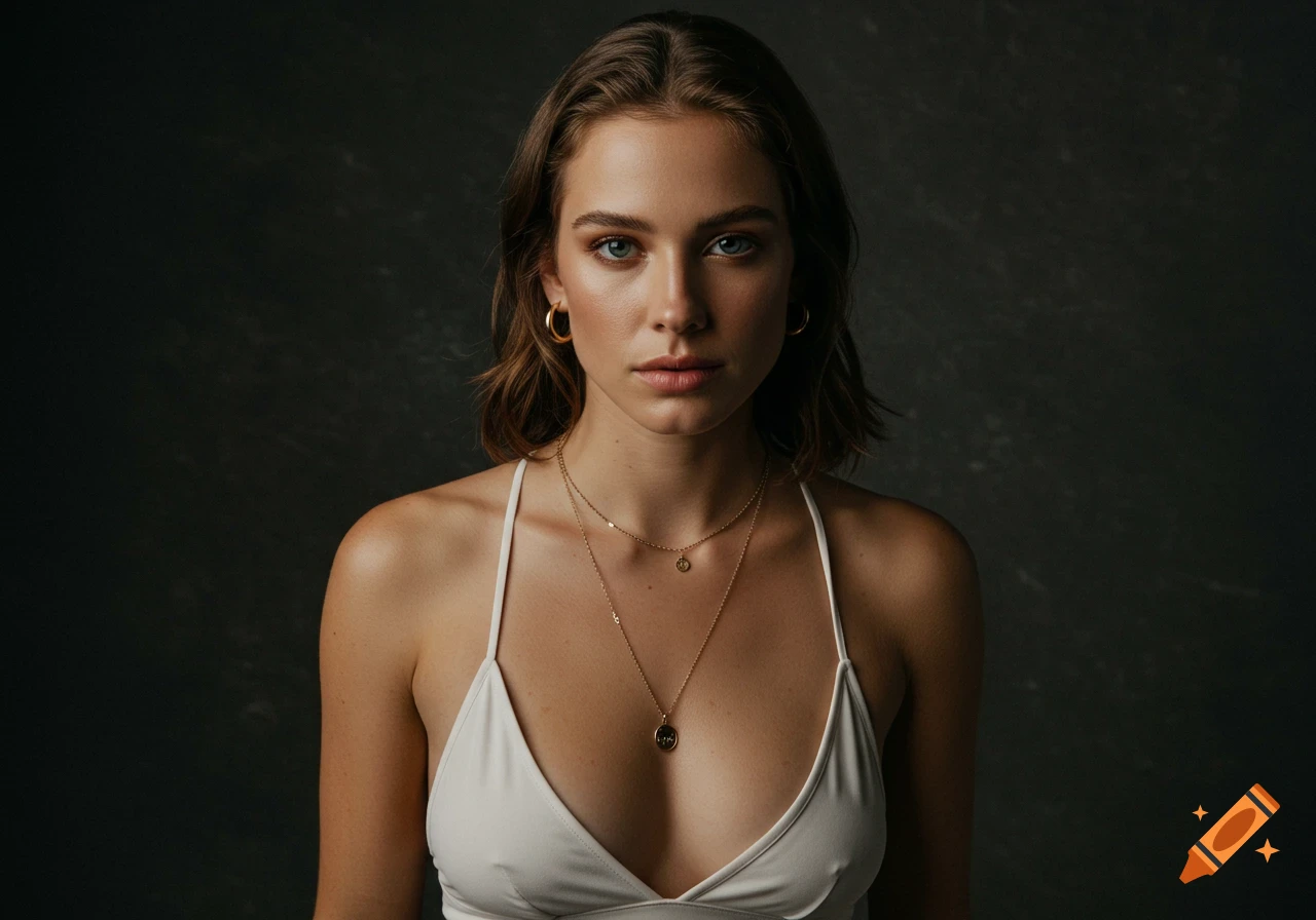 A photorealistic portrait of a woman with short brown hair, wearing a white top and gold necklaces, looking directly at the viewer against a dark background.