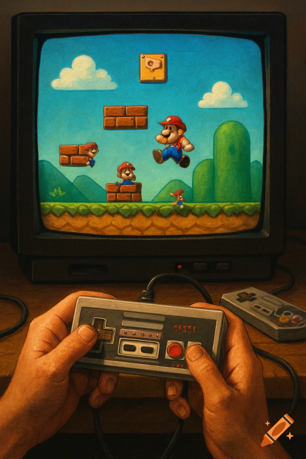 A person's hands holding a classic NES controller, playing a stylized Super Mario Bros. game on a CRT television.
