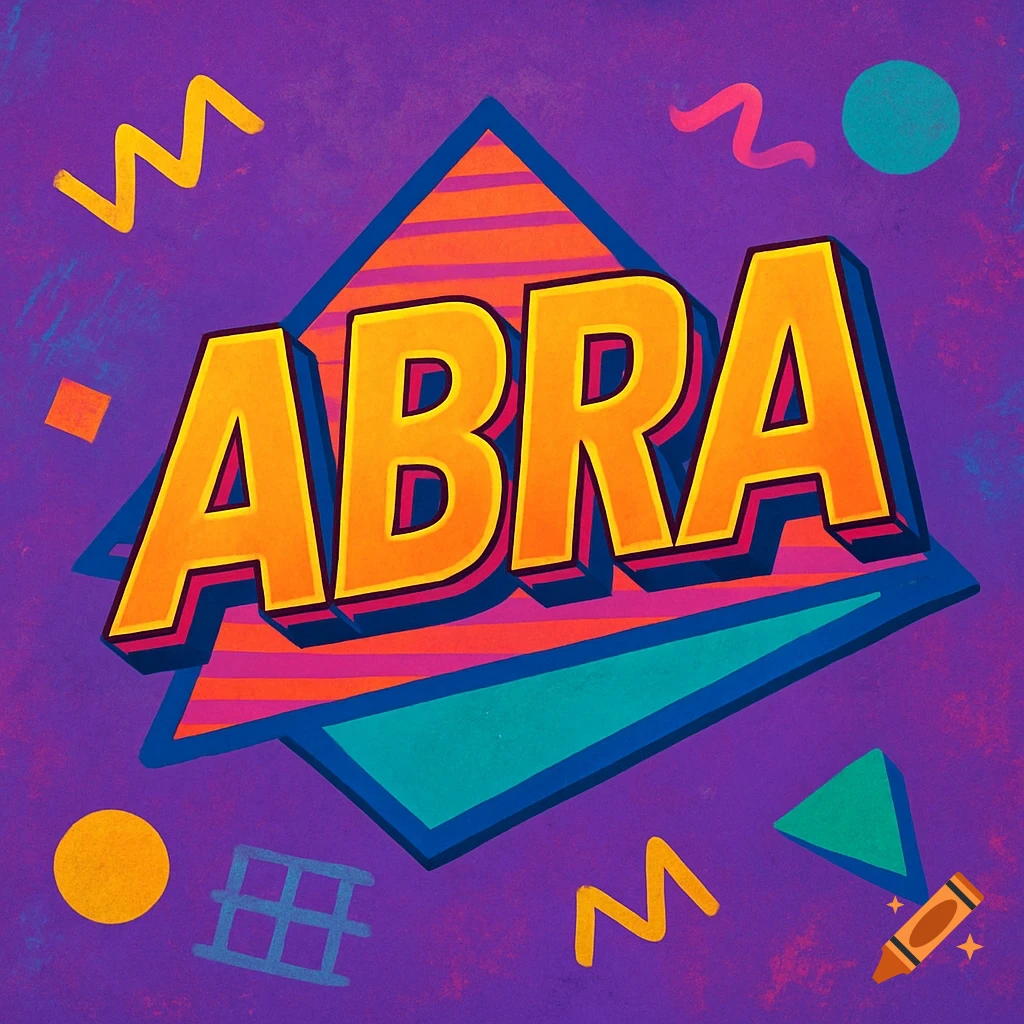 A colorful retro 90s style logo for 'ABRA' with bold orange letters on a purple background and geometric shapes.