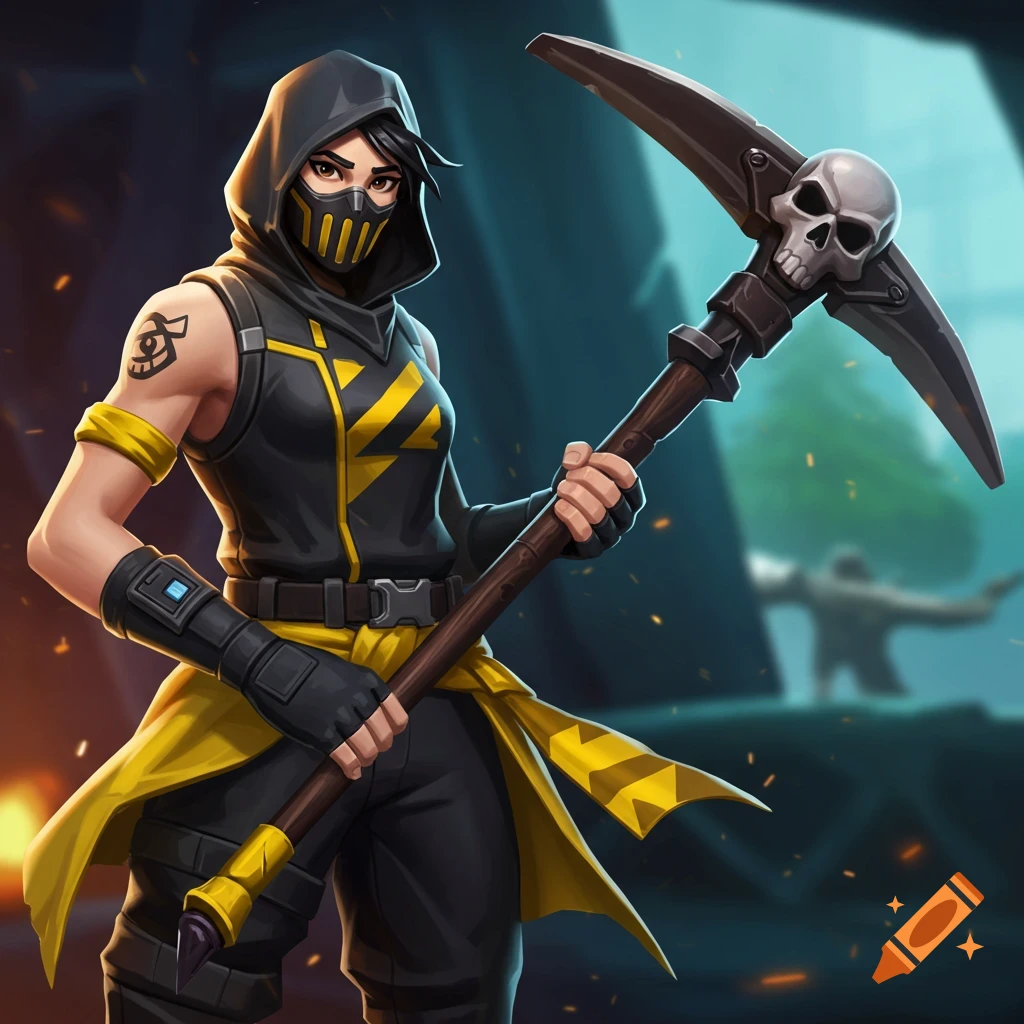 A stylized illustration of a female character from Fortnite, wearing a black and yellow outfit with a hood and mask, holding a pickaxe with a skull.