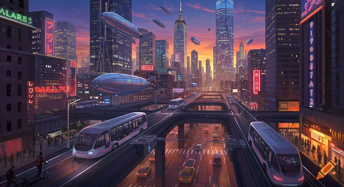 A vibrant, futuristic cityscape at dusk with multi-level roadways, blimps, automated buses, and towering skyscrapers adorned with neon signs, creating a bustling urban scene.