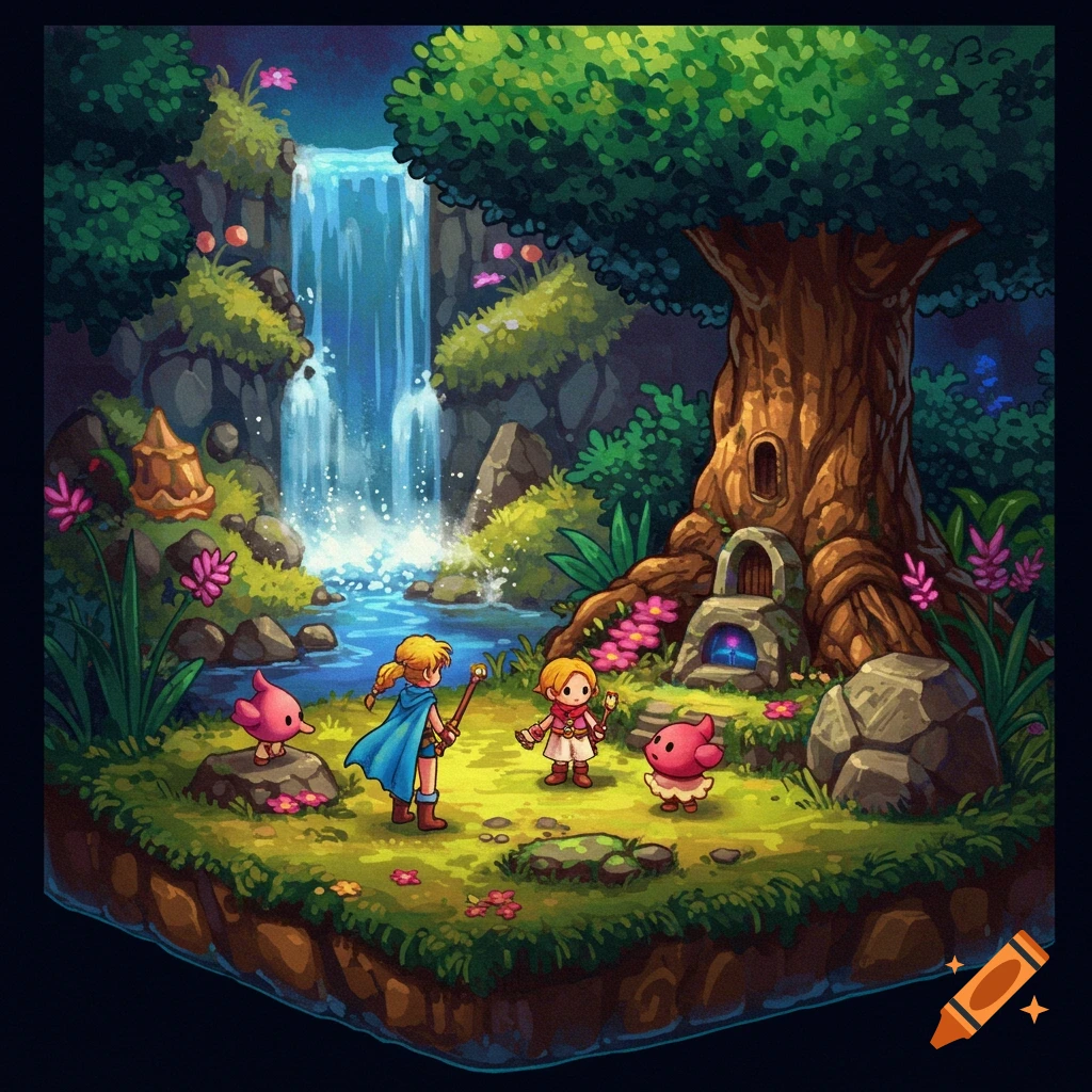 Colorful isometric pixel art scene of a fantasy forest with a waterfall, a large tree house, two characters, and pink creatures.