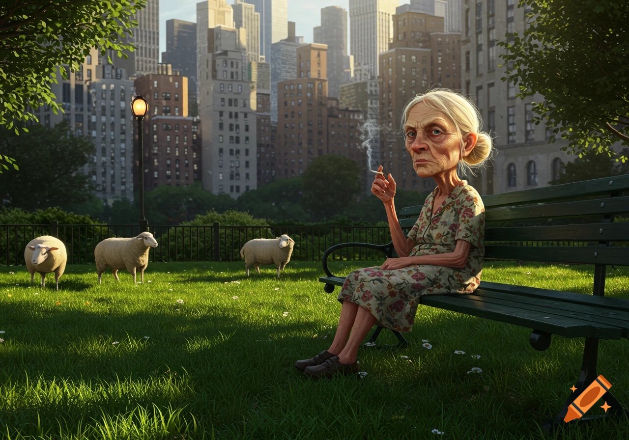 A caricatured old woman smoking on a park bench in a sunny city park with three sheep and buildings in the background.
