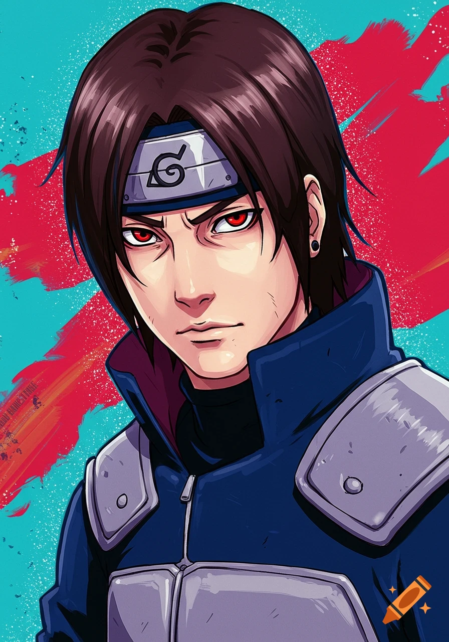 An anime-style portrait of a male character with short dark brown hair, red eyes, and a gray headband with a spiral symbol. He wears a blue and gray uniform, set against a vibrant teal and red background.