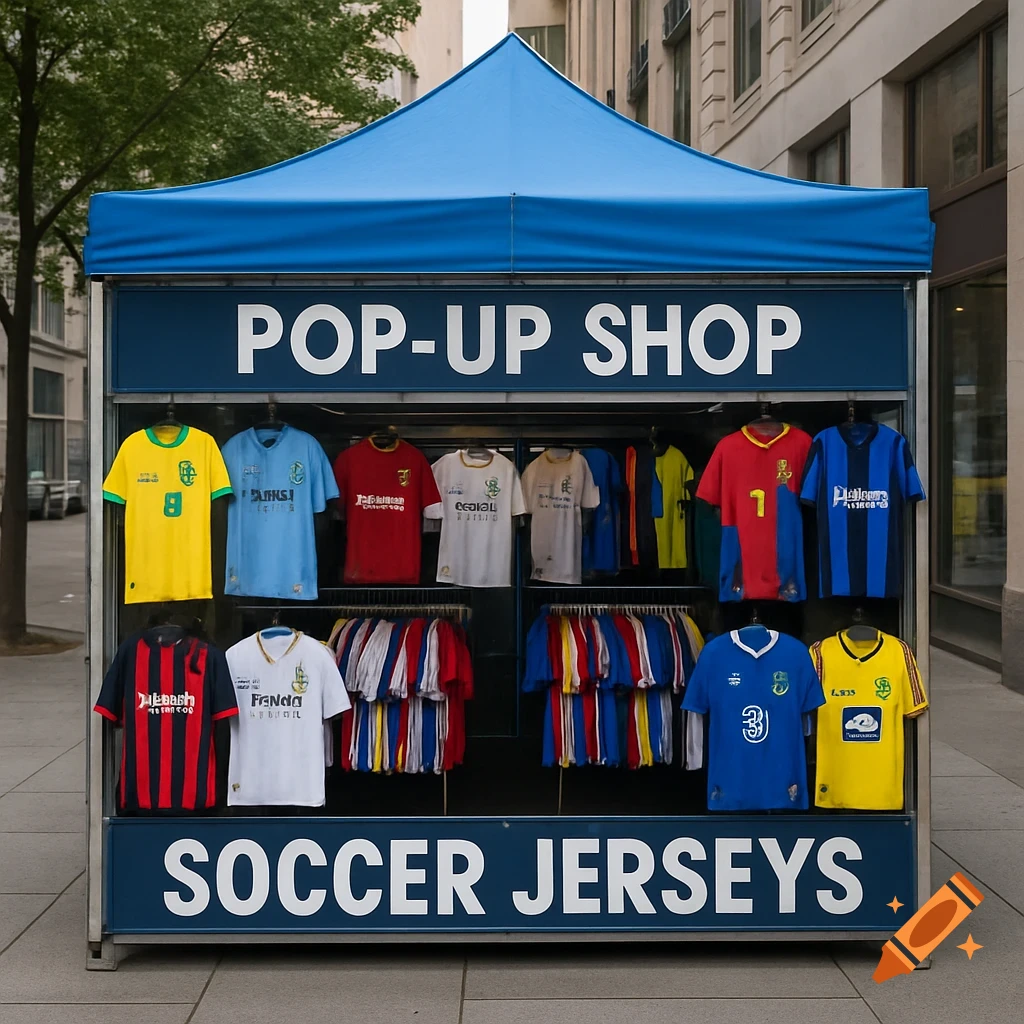 Blue pop-up shop tent on a city sidewalk, displaying colorful soccer jerseys with 'POP-UP SHOP' and 'SOCCER JERSEYS' signs.
