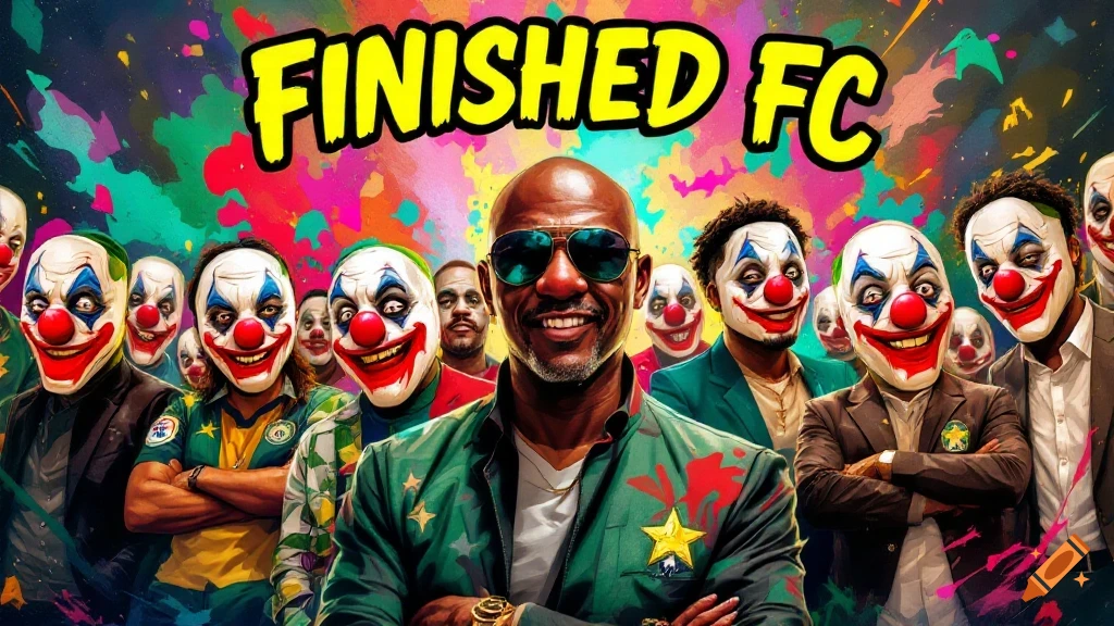A man in sunglasses smiles amidst a crowd of people wearing Joker-style clown masks, under the bold text 'FINISHED FC' on a vibrant, chaotic background.