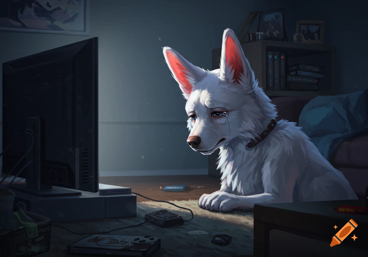 A white anthropomorphic dog with red ears cries, sitting in a dimly lit room in front of a TV and game console.