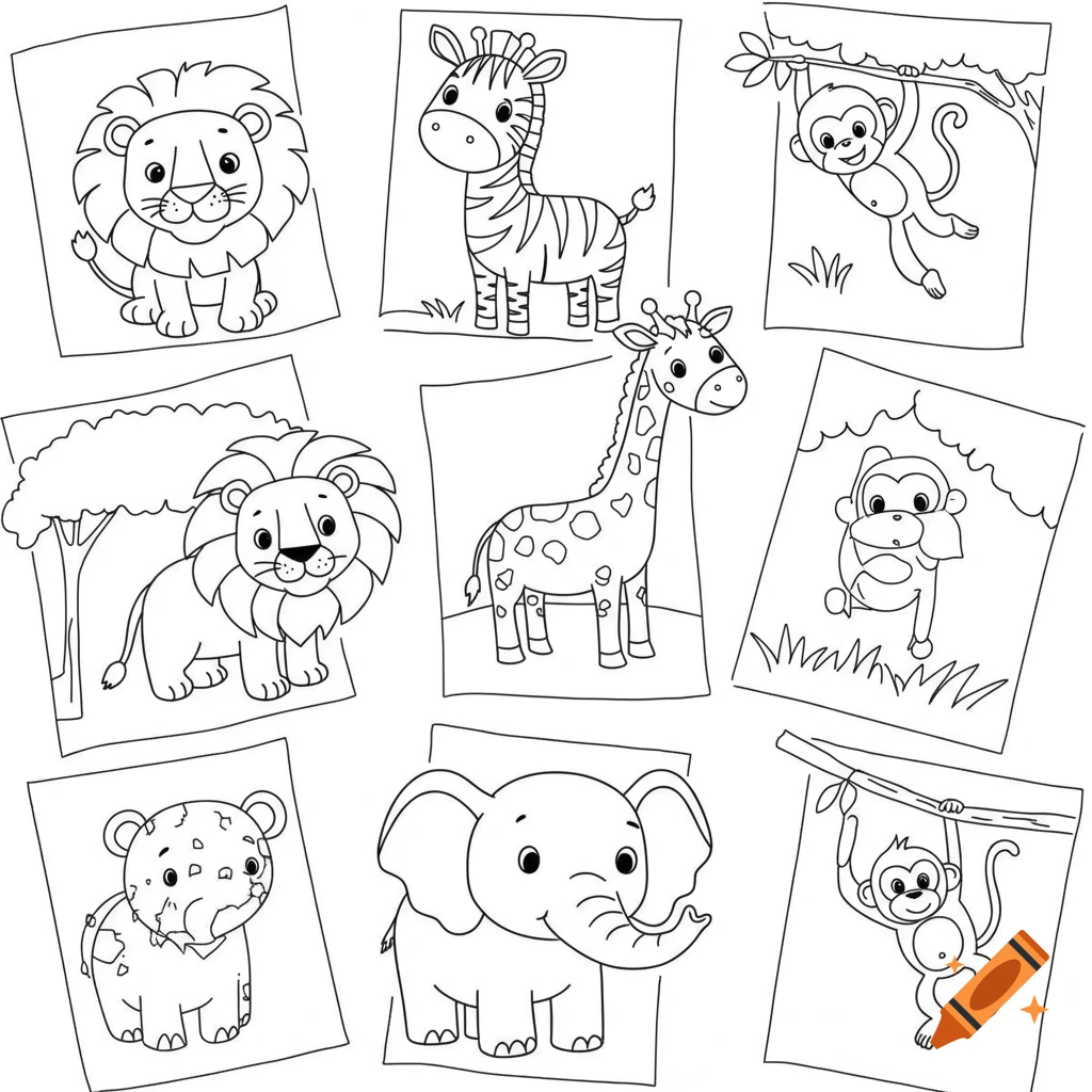 Black and white line art illustrations of safari animals for coloring, including lions, zebra, giraffe, monkeys, and an elephant.
