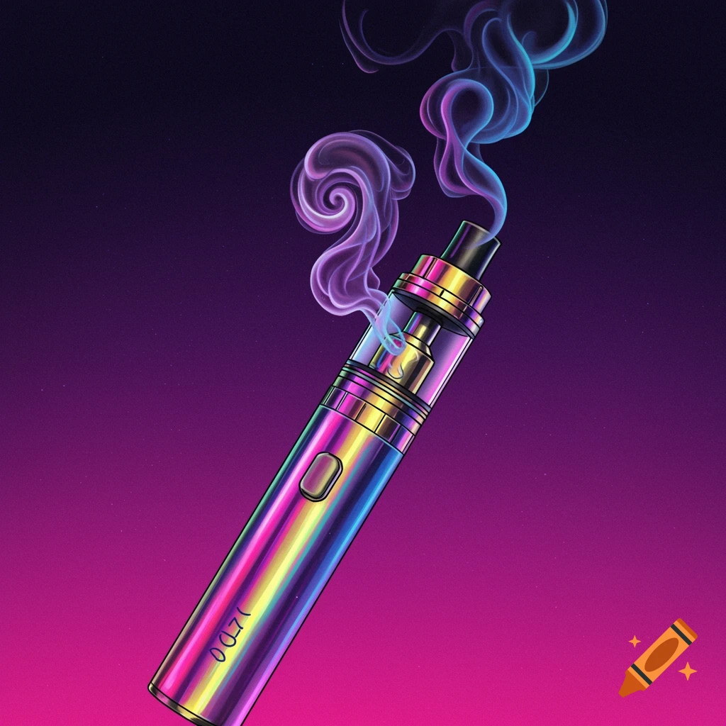 An iridescent vape pen with colorful smoke against a purple and pink gradient background, in an illustrative style.