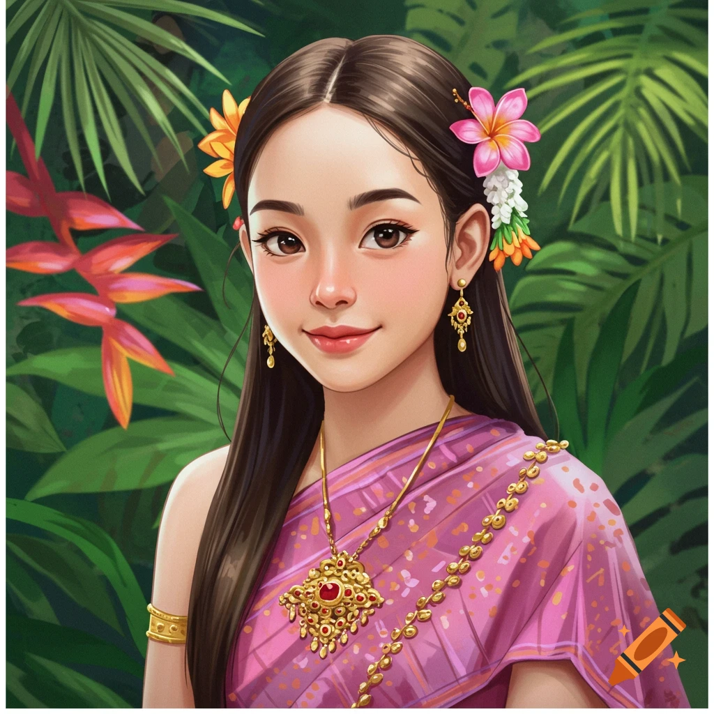 An illustrative portrait of a young woman in a pink traditional Thai dress with gold jewelry and flowers in her hair, set against lush green foliage.