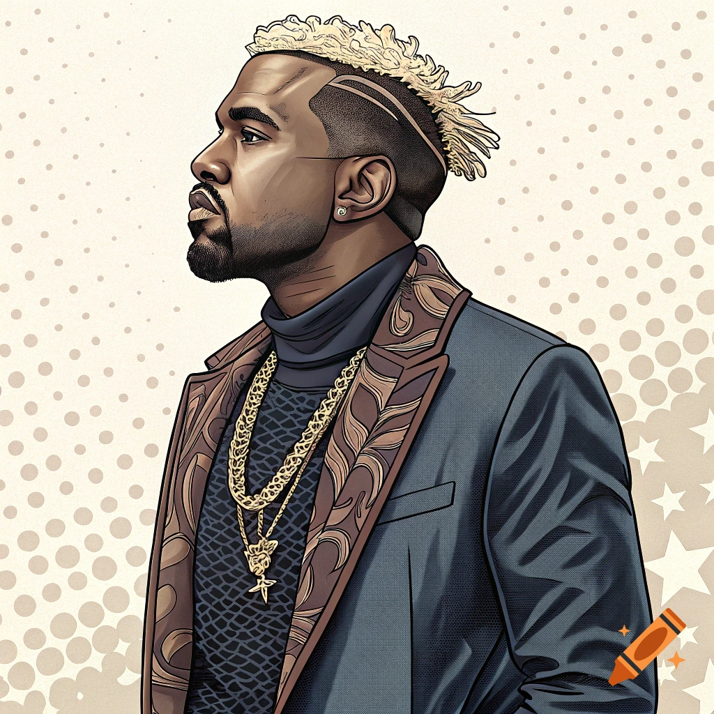 A comic book-style portrait of a man resembling Kanye West in profile, wearing a patterned suit and gold chains against a pop art background.