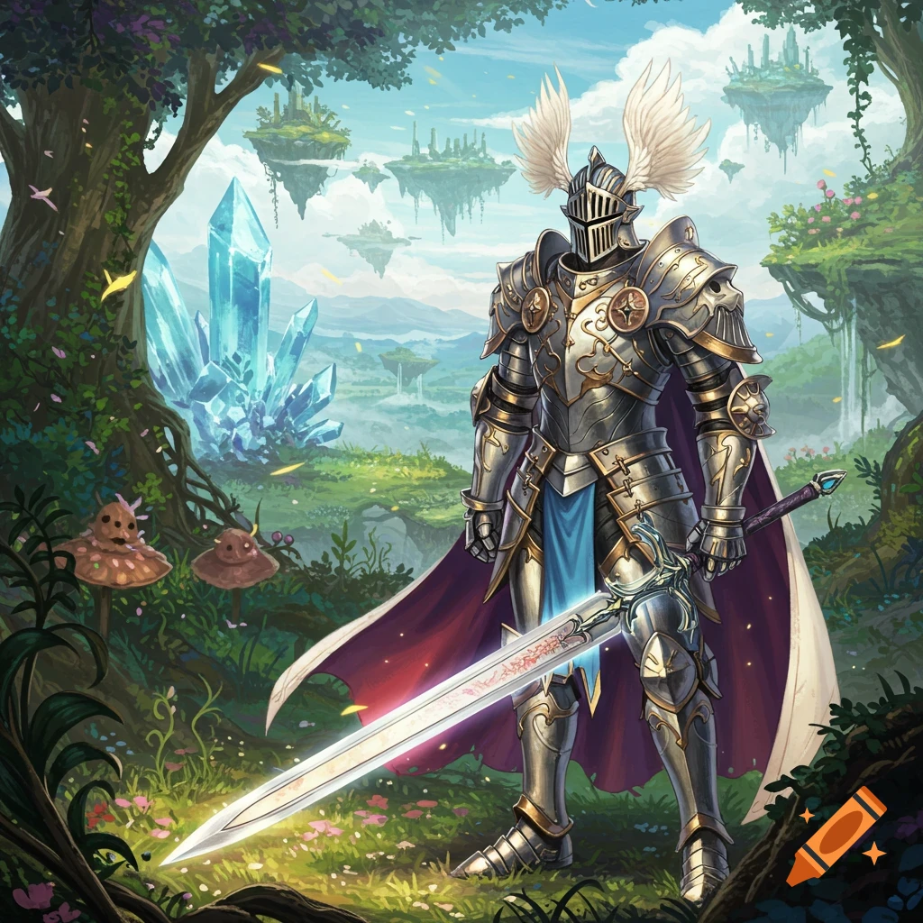 A knight in ornate silver armor stands in a vibrant fantasy forest with glowing crystals and floating islands under a bright sky.