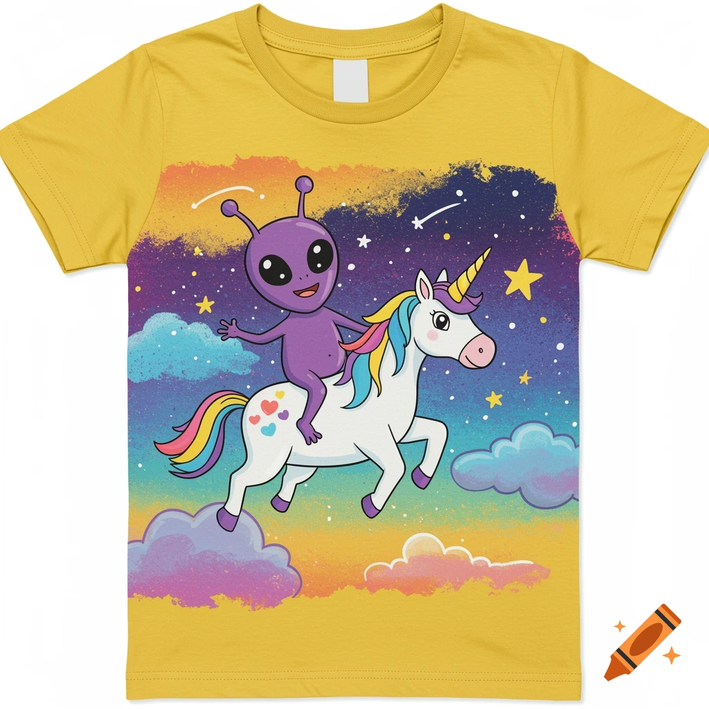 A cute purple alien riding a white unicorn with a rainbow mane and tail across a colorful starry sky on a yellow t-shirt.