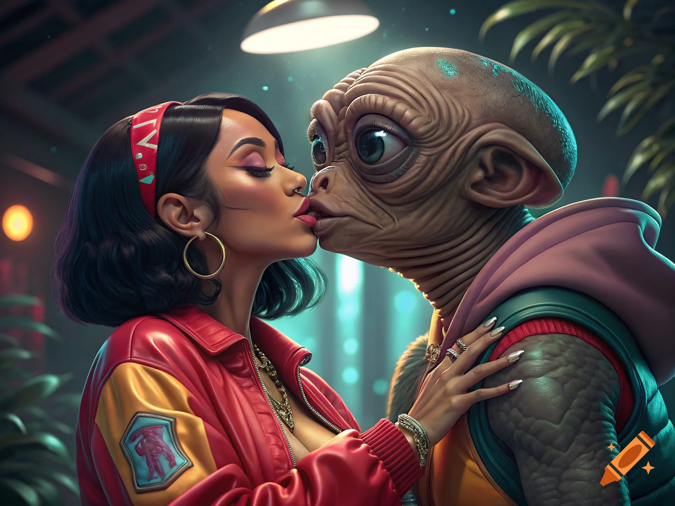 A woman in a red jacket and headband kisses a large-eyed alien. The scene is photorealistic with vibrant lighting.