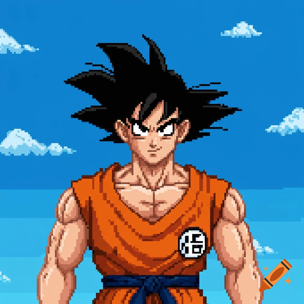 8-bit pixel art illustration of Goku from Dragon Ball, standing against a blue sky with pixelated clouds.