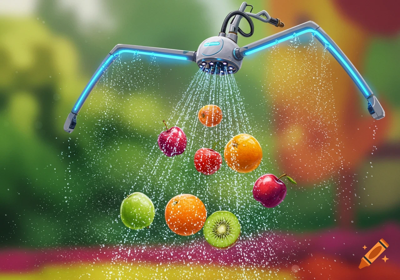 A futuristic white and blue sprinkler washes various fruits, including apples, oranges, and kiwi, against a blurred green and red background.