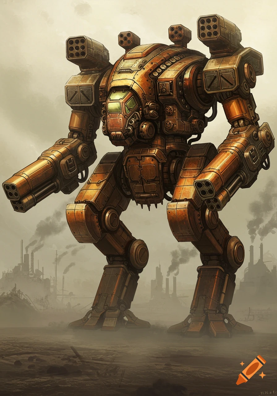 A detailed steampunk mech suit with shoulder-mounted missile launchers stands in a dusty industrial landscape.