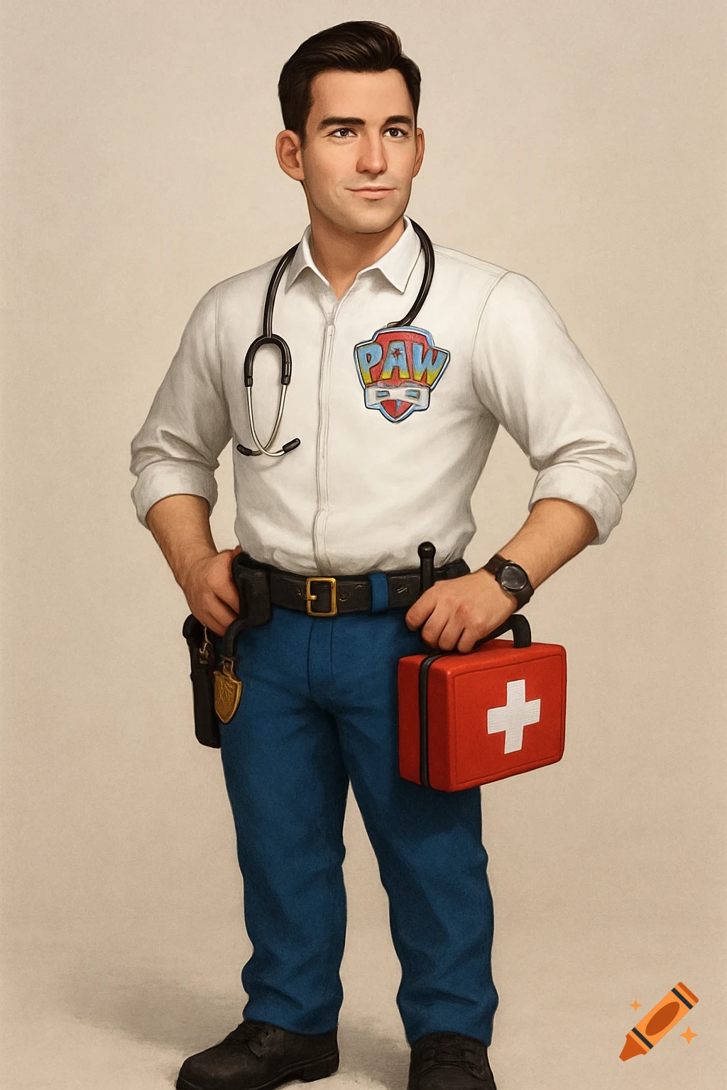 A man in a white shirt, blue pants, and police belt, holding a red first aid kit, with a stethoscope and a PAW logo on his shirt.