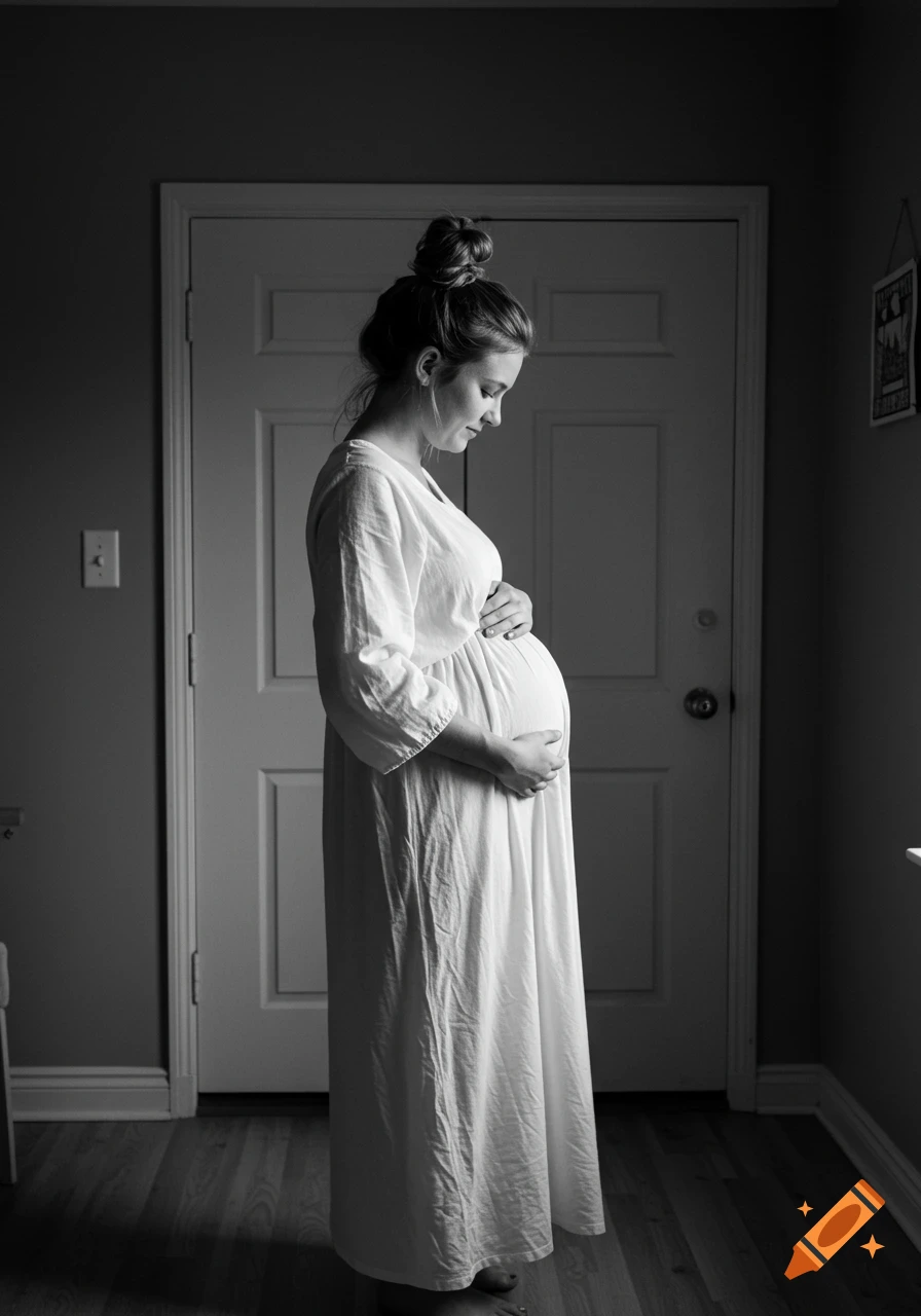 A pregnant woman in a white dress stands in black and white, holding her belly next to a door.