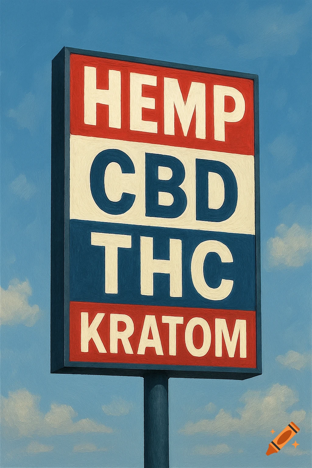 A vibrant red, white, and blue pole sign advertises Hemp, CBD, THC, and Kratom against a blue sky with clouds, in a painterly style.
