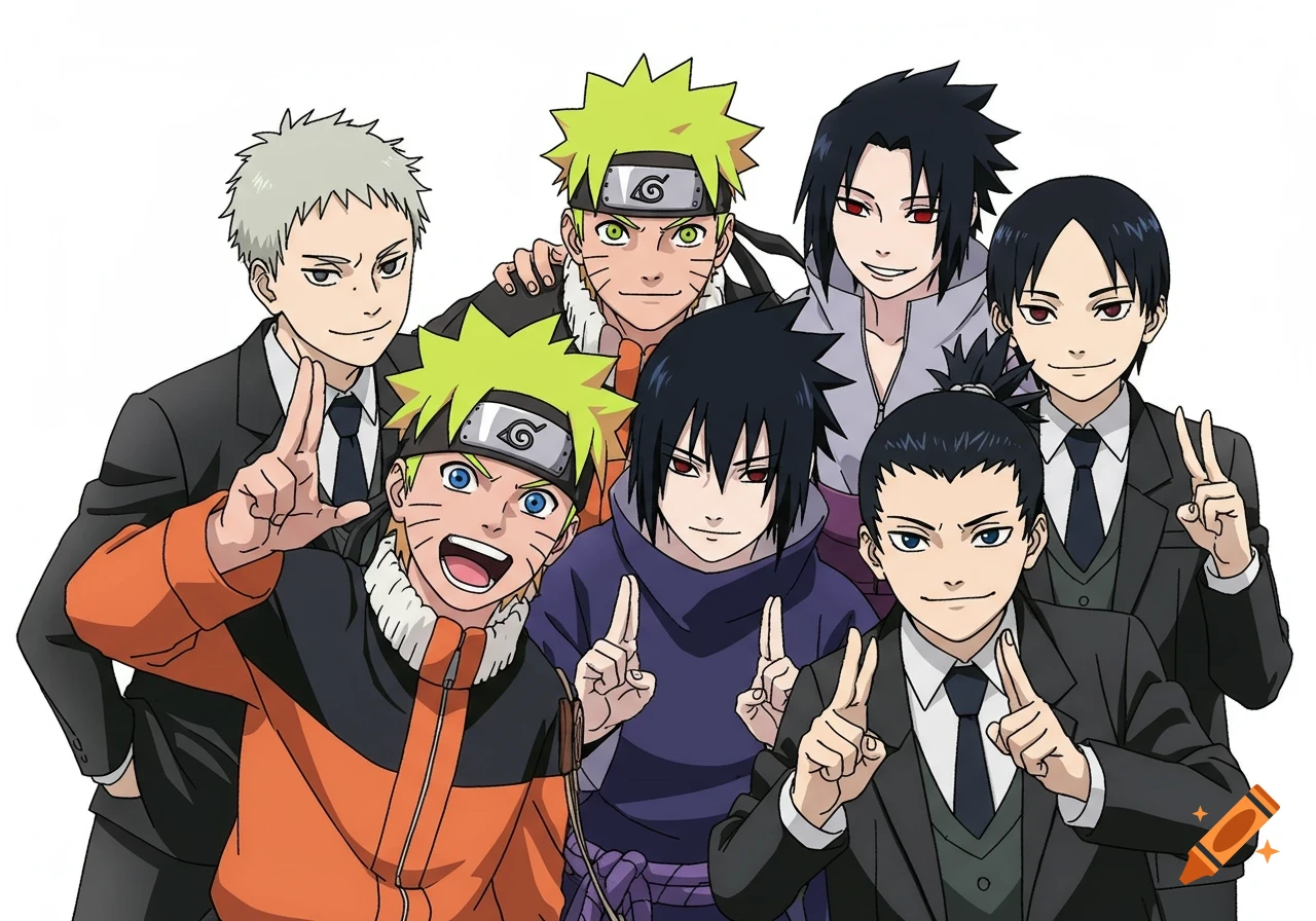 Anime group photo featuring Naruto Uzumaki, Sasuke Uchiha, Shikamaru Nara, and other characters, some in suits, making hand signs on a white background.