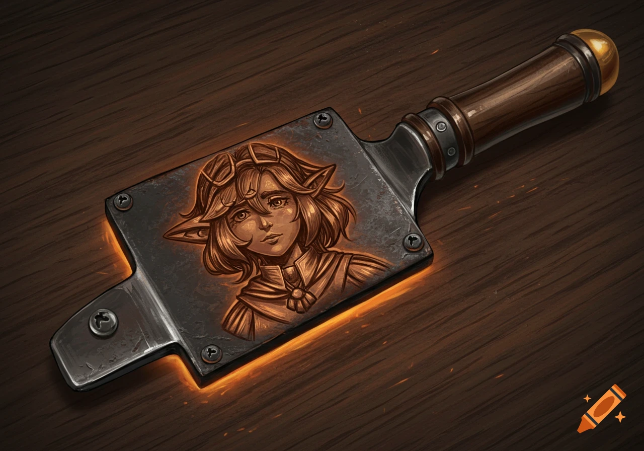 A branding iron featuring an engraved portrait of a fantasy character with pointy ears and goggles, glowing on a wooden surface.