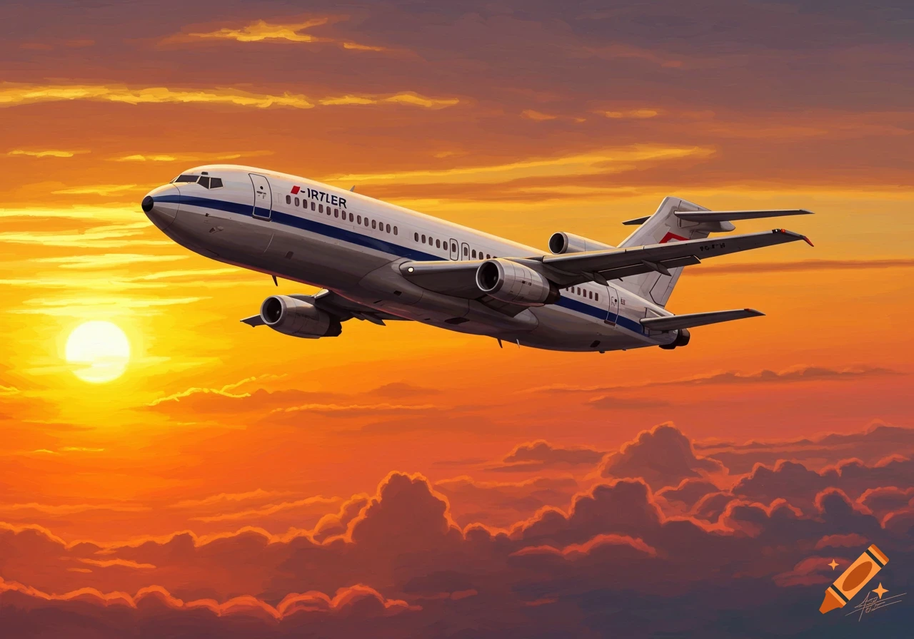 A white Boeing 727 airplane flying through a vibrant orange and red sunset sky with clouds.