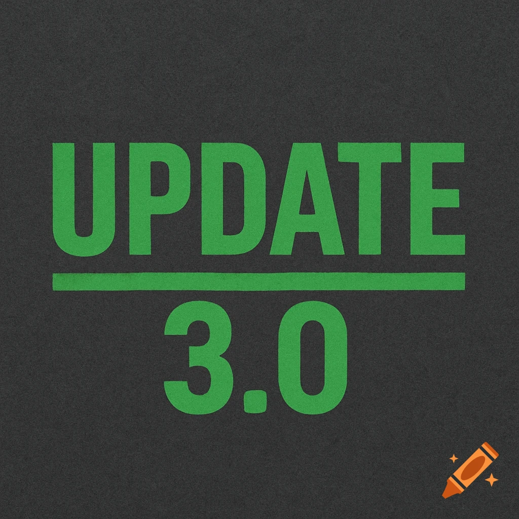 Green text 'UPDATE' above a line, with '3.0' below it, all on a dark textured background.