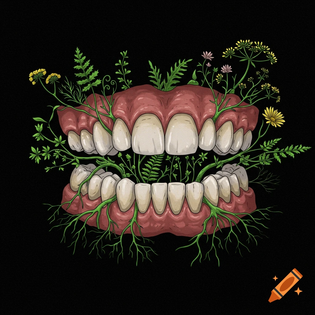 An illustration of human teeth with green plants, roots, and flowers growing from and around them, on a black background.
