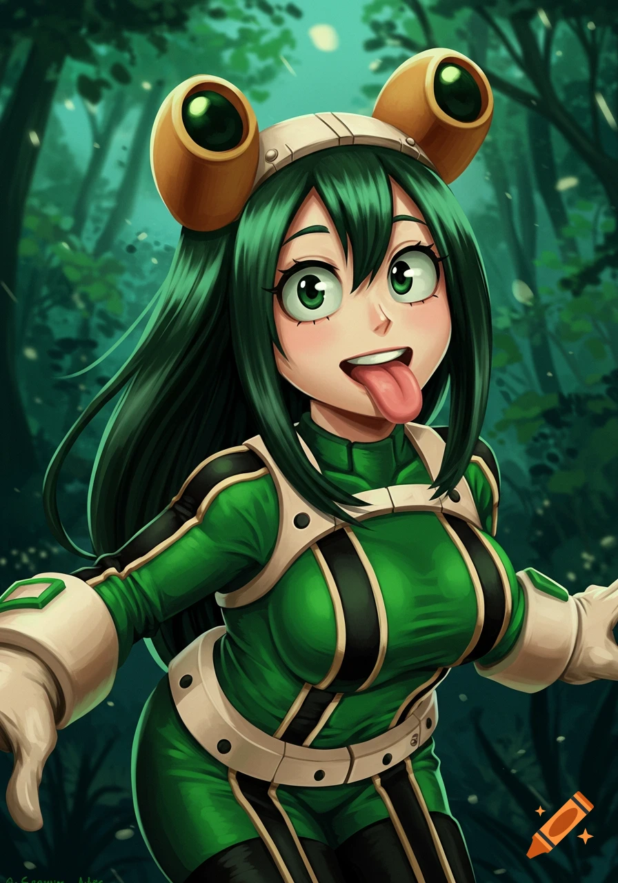 A vibrant anime illustration of Froppy from My Hero Academia, a green-haired character in her hero costume, sticking her tongue out against a forest background.